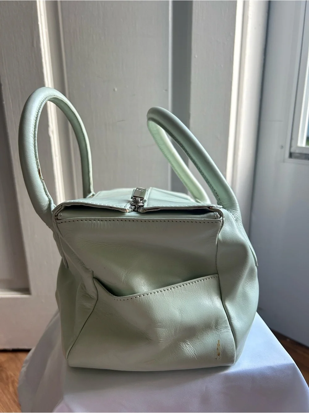 molton brown london sage green vintage leather satchel tote